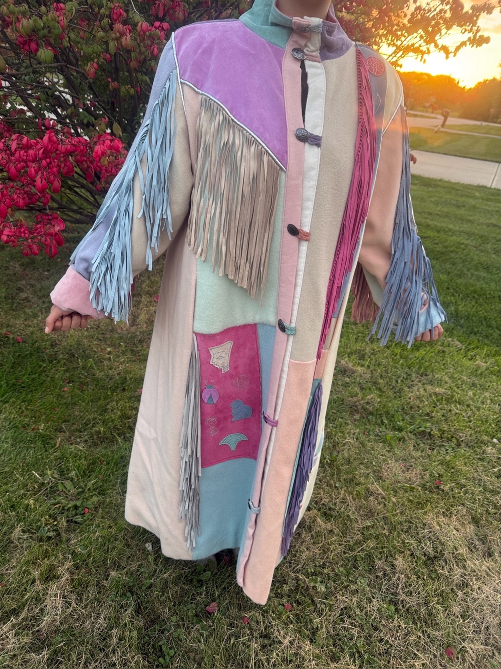 🌸🩵🌷Vintage SFR Santa Fe re-creations Denver Pastel Patchwork Fringe Long Coat 🌺💜